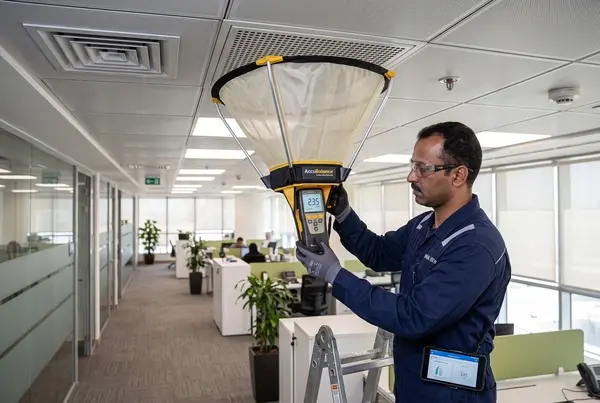 فني هندسي محترف يستخدم غطاء قياس تدفق الهواء (Flow Hood) لمعايرة وموازنة تدفق الهواء من الجريلات السقفية في مبنى إداري