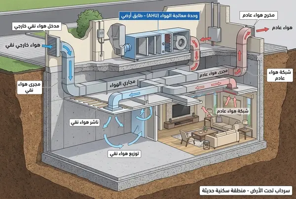مخطط هندسي يوضح حركة تدفق وتجديد الهواء ميكانيكياً داخل السرداب