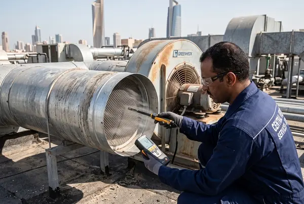 فني صيانة يقوم بفحص مروحة السحب المركزية وقياس سرعة تدفق الهواء بجهاز الأنيوميتر
