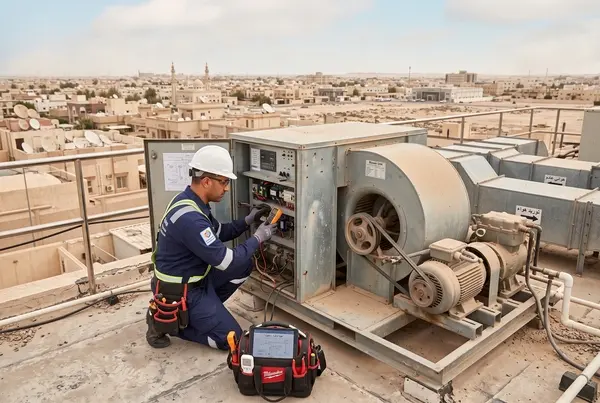 فني تهوية مركزية الجهراء يقوم بفحص لوحة التحكم والأجزاء الميكانيكية لشفاط فوق السطح في منطقة صحراوية