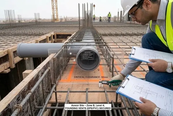 مهندس يفحص أبعاد وسلامة فتحات التهوية والتكييف على السقف قبل صب الخرسانة