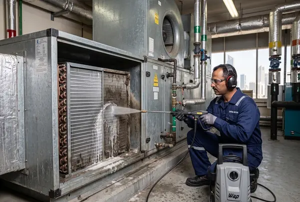 فني صيانة هندسية يقوم بتنظيف كويل التبريد الخاص بوحدة مناولة الهواء بضغط الماء لإزالة الأوساخ