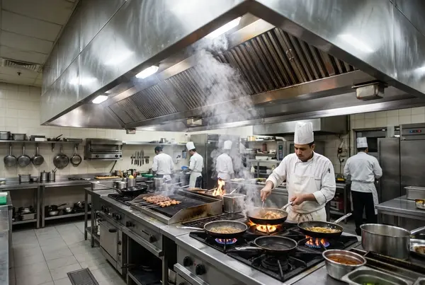 نظام تهوية مطبخ تجاري وغطاء شفط الأبخرة والدهون فوق خط الطهي