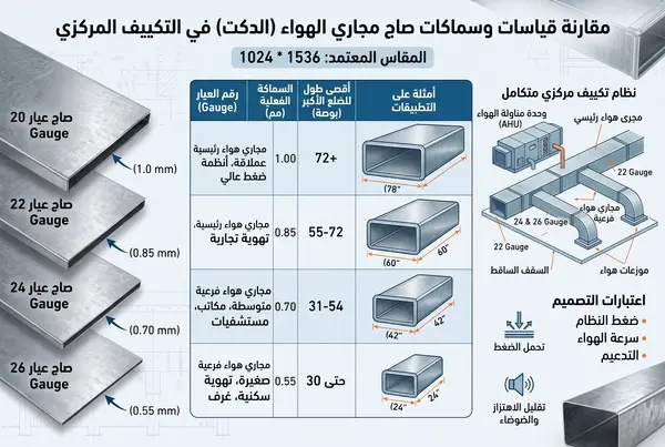 مقارنة قياسات وسماكات صاج مجاري الهواء الدكت عيار Gauge في التكييف المركزي