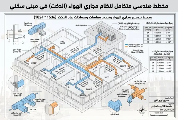 تصميم مخطط هندسي تفصيلي لنظام مجاري الهواء (الدكت) يوضح المقاسات والعيارات (Gauge) المعتمدة