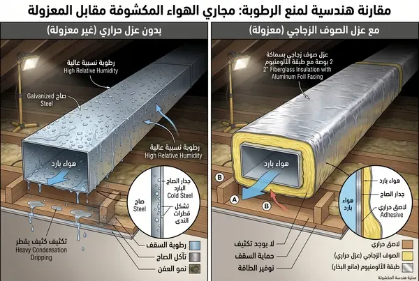 مقارنة هندسية توضح تكثيف الرطوبة وقطرات المياه على دكت صاج مكشوف مقابل مجرى هواء معزول بالصوف الزجاجي والألومنيوم