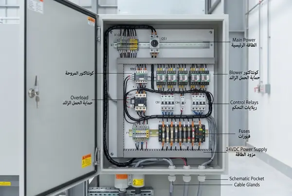 لوحة تحكم كهربائية صناعية مفتوحة تظهر الفيوزات والريلاي بوضوح لنظام تهوية