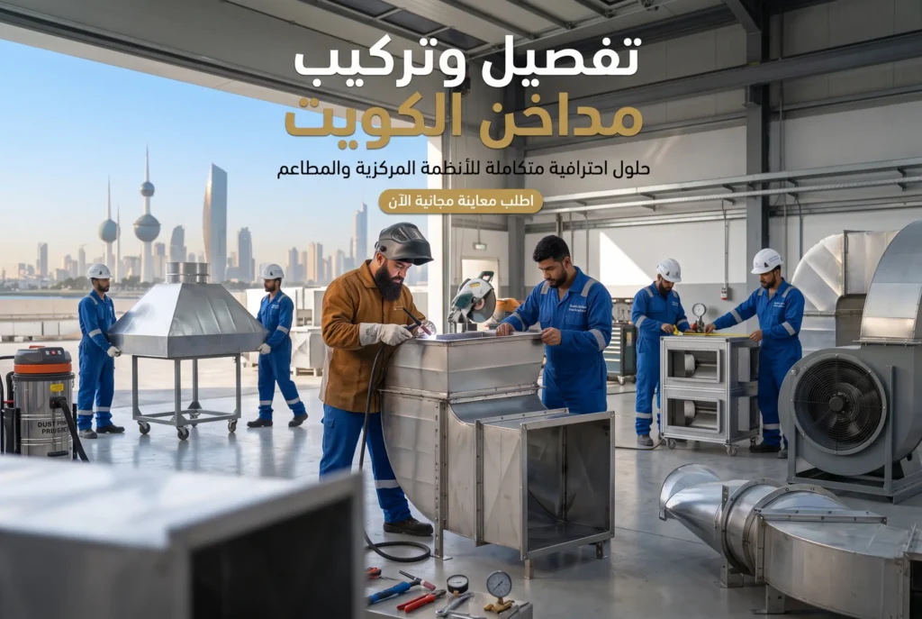 تفصيل وتركيب مداخن الكويت توضح فنيين يعملون على لحام وتركيب أنظمة المداخن المركزية على السطح