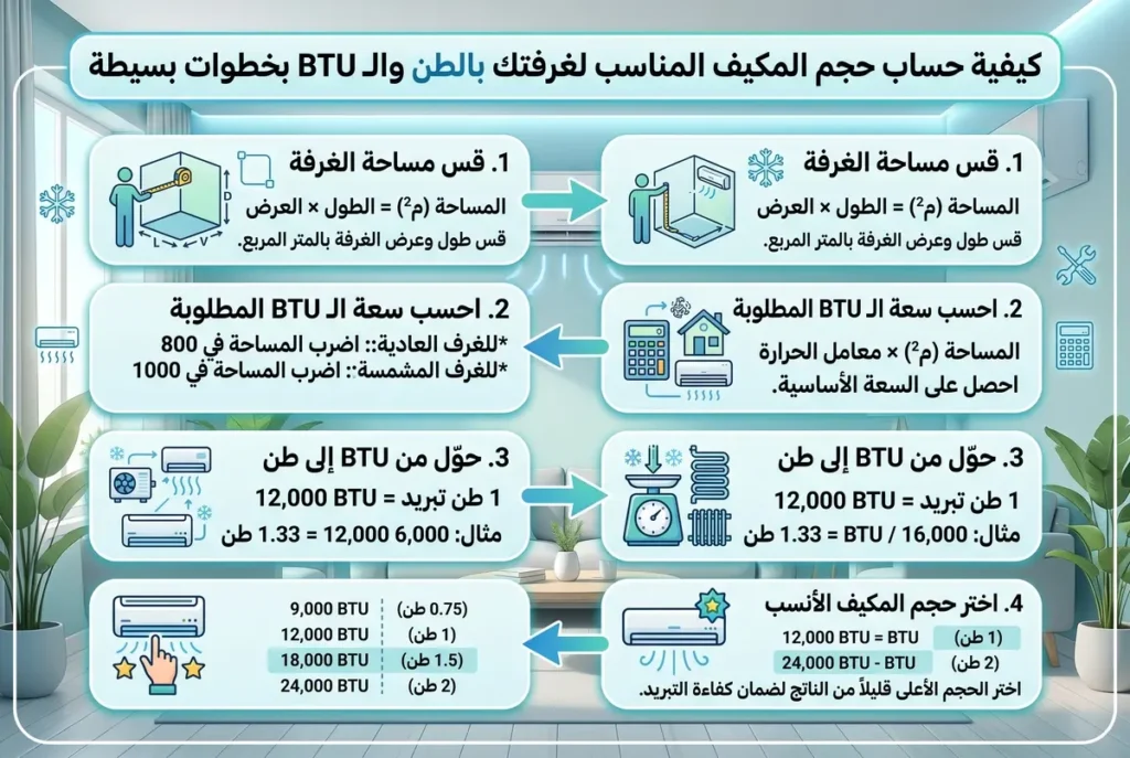 خطوات حساب سعة المكيف بالطن والـ BTU