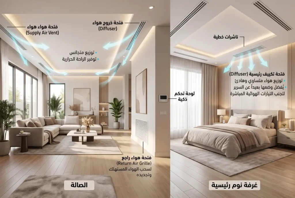 طريقة توزيع فتحات الهواء في الصالات وغرف النوم