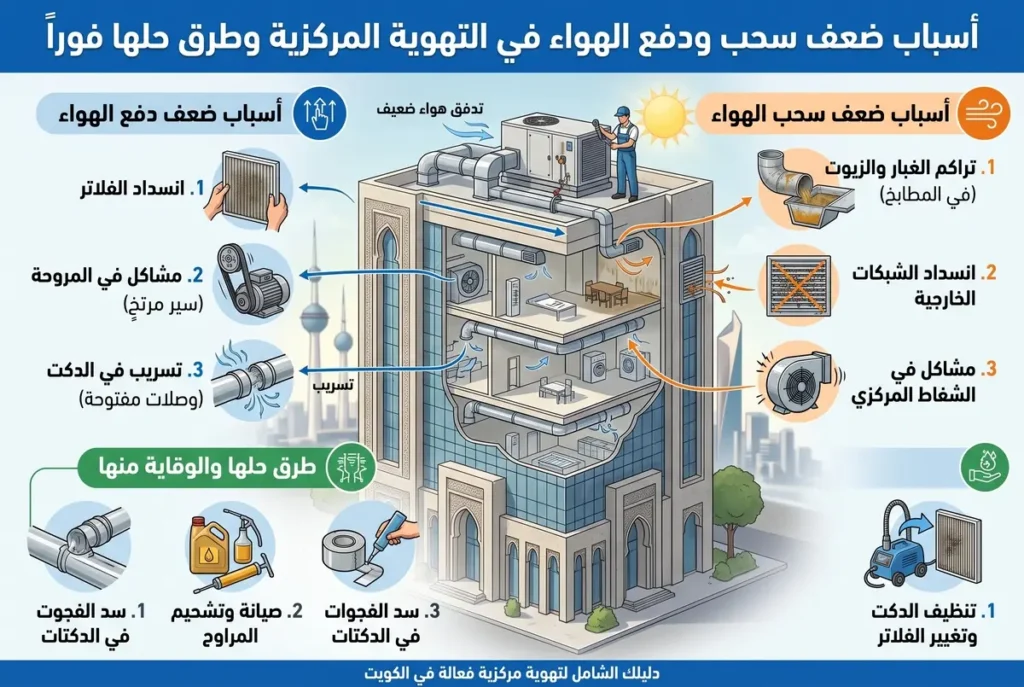 إنفوجرافيك هندسي مبسط يشرح أسباب ضعف سحب ودفع الهواء في منظومة التهوية المركزية للمباني وطرق حلها والوقاية منها فوراً