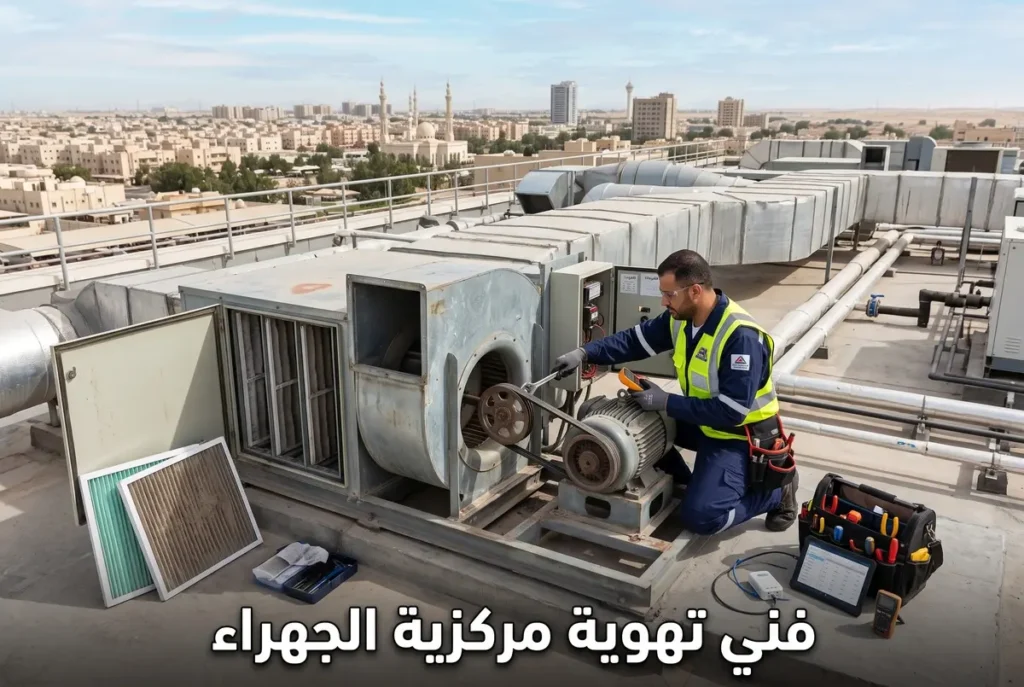 فني تهوية مركزية الجهراء يقوم بصيانة مكائن السطح وتغيير السيور وفلاتر الغبار