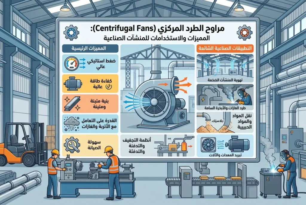 إنفوجرافيك مميزات واستخدامات مراوح الطرد المركزي