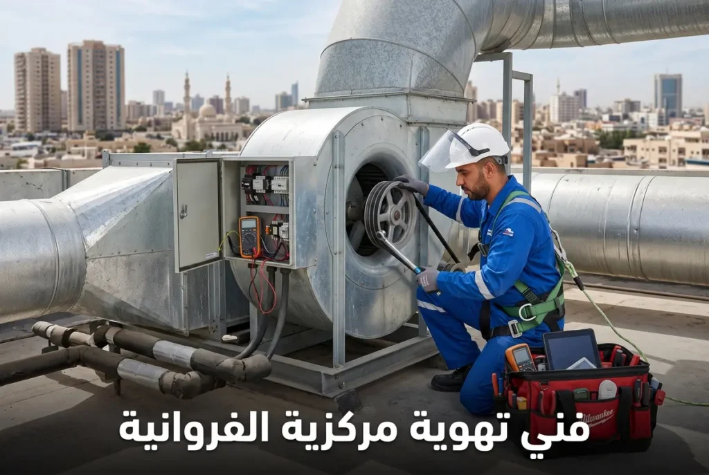 فني تهوية مركزية الفروانية يقوم بصيانة ماكينة تكييف وتهوية مركزية فوق سطح في الفروانية