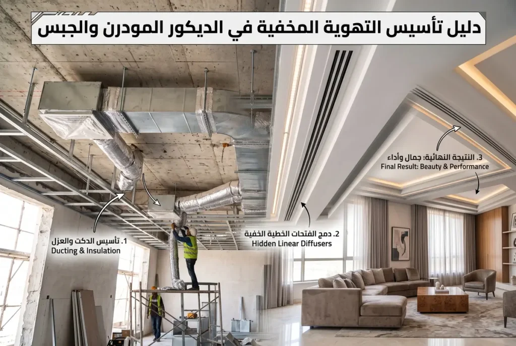 دليل مصور شامل يوضح خطوات تأسيس التهوية المخفية دمجاً مع الديكور الجبسي والمودرن، من مرحلة الدكت الخام إلى التشطيب النهائي الفاخر