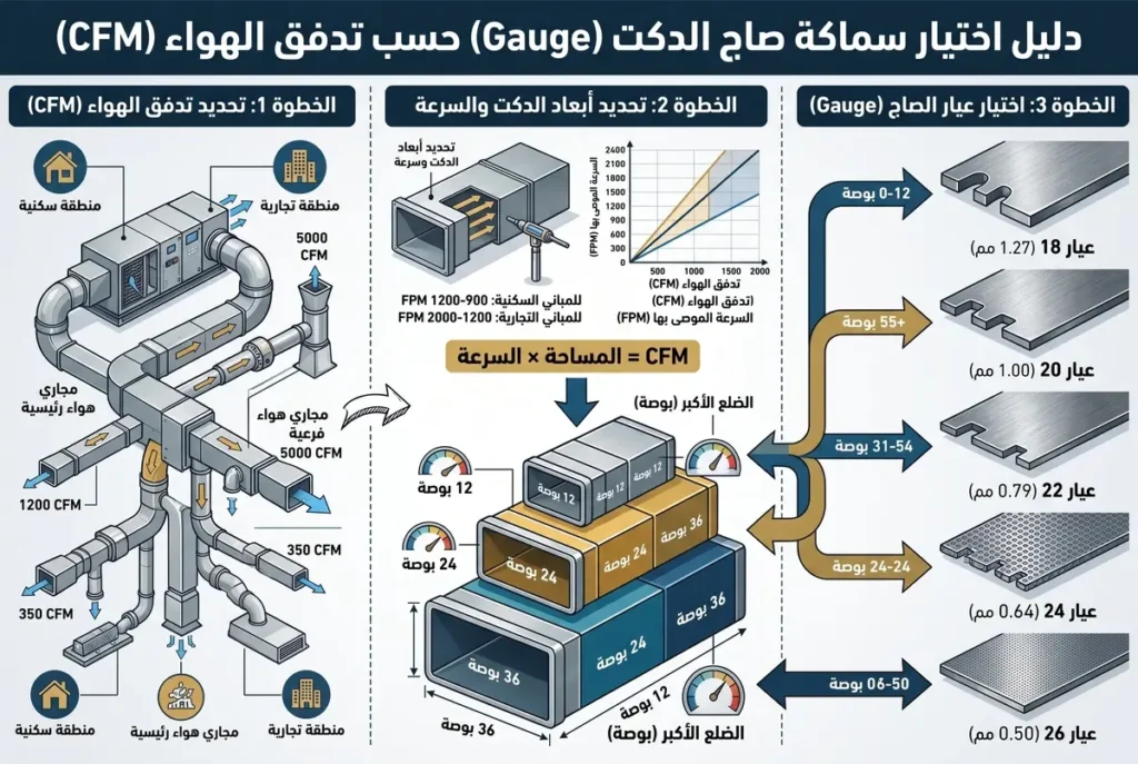 انفوجرافيك يوضح خطوات اختيار سماكة صاج الدكت Gauge بناءً على معدل تدفق الهواء CFM وأبعاد المجرى