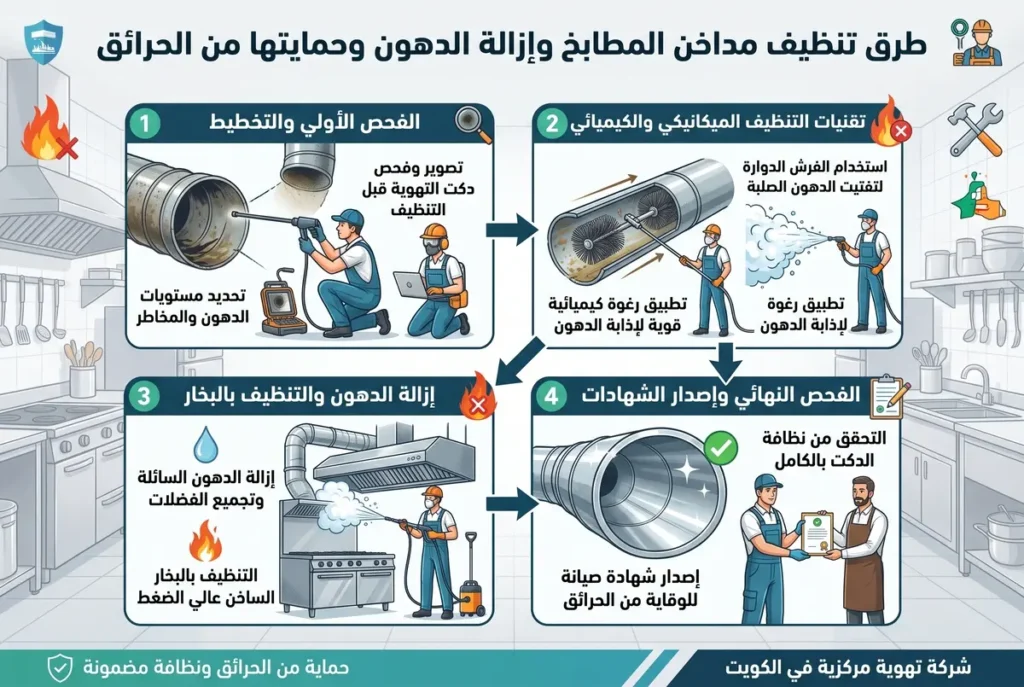 انفوجرافيك يوضح طرق تنظيف مداخن المطاعم ، إزالة الدهون، والوقاية من الحرائق في الكويت