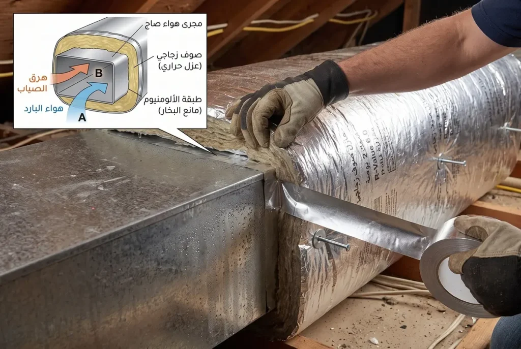 شرح توضيحي لطرق عزل مجاري الهواء بالصوف الزجاجي (الفايبرجلاس) يظهر فني يغلق الفواصل بشريط الألومنيوم لمنع التكثيف مع مخطط تفصيلي لطبقات العزل.