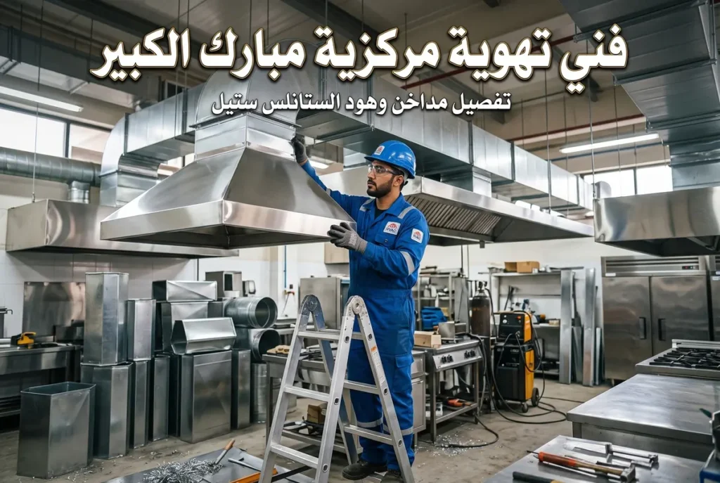 فني تهوية مركزية مبارك الكبير يقوم بتركيب وفحص هود ستانلس ستيل ومداخن سحب المطابخ