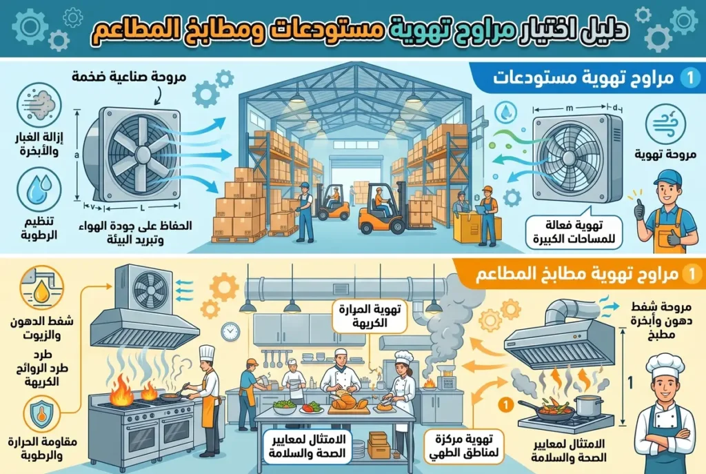دليل إنفوجرافيك توضيحي لاختيار مراوح تهوية مستودعات ومطابخ المطاعم
